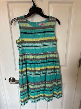 Wonderkids Turquoise Striped Sleeveless Dress with Yellow and Gray Accents